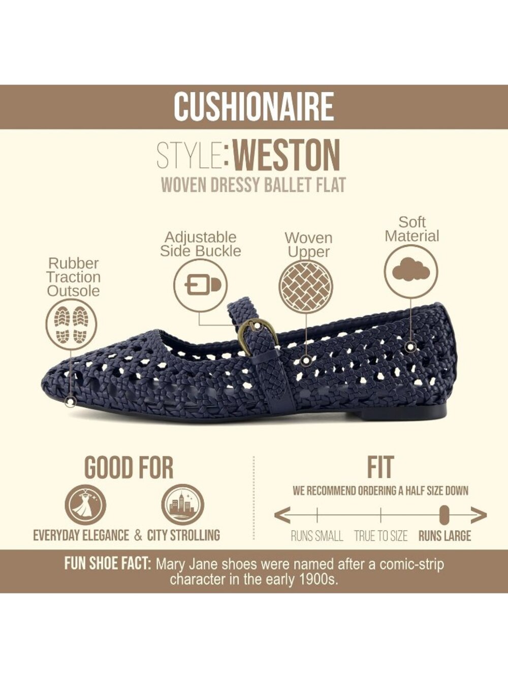 Women's Navy Woven Comfortable Braided Adjustable Buckle Mary Jane Ballet Flats - Picture 4 of 6
